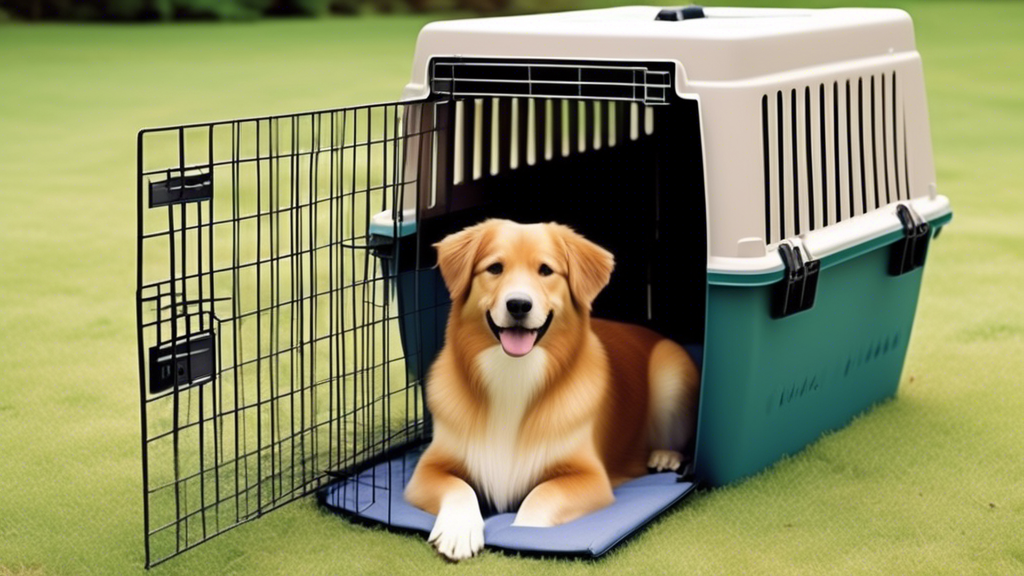 Create an image depicting a selection of medium-sized portable dog crates in various styles and colors. The crates should be arranged aesthetically in an outdoor park setting with happy medium-sized d