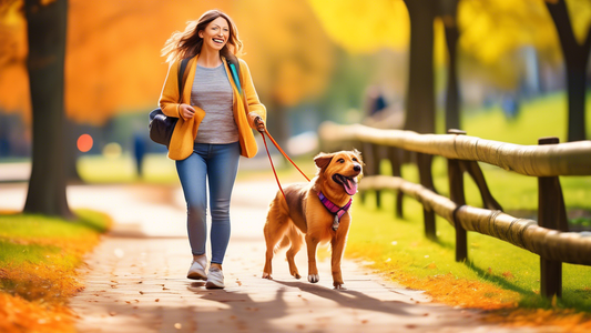 Create an image of a cheerful pet owner walking their energetic dog on a bright, sunny day in the park. The dog is on an extra long, vibrant colored lead, happily exploring the surroundings. Include v