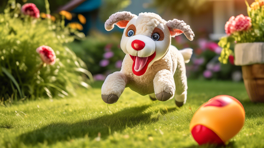 A joyful dog playing in a sunlit backyard with a large, plush Lamb Chop toy. The dog is mid-leap, capturing the toy in its mouth, surrounded by lush green grass and colorful flowers. The Lamb Chop toy