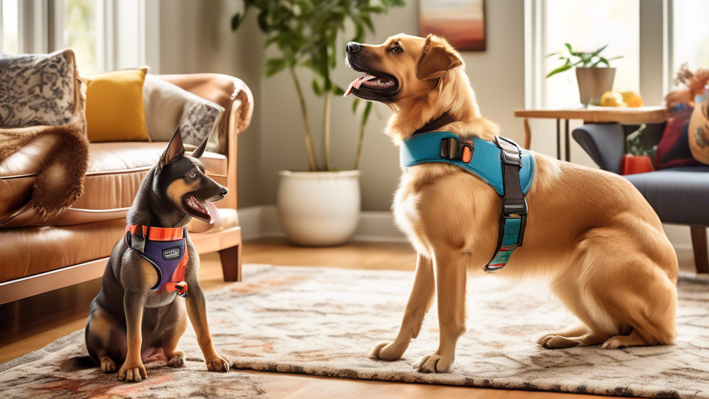 Create an image of a cheerful pet owner in a well-lit home setting, comparing different types of colorful, well-designed harnesses labeled Petsafe. The scene includes a variety of dog breeds happily t