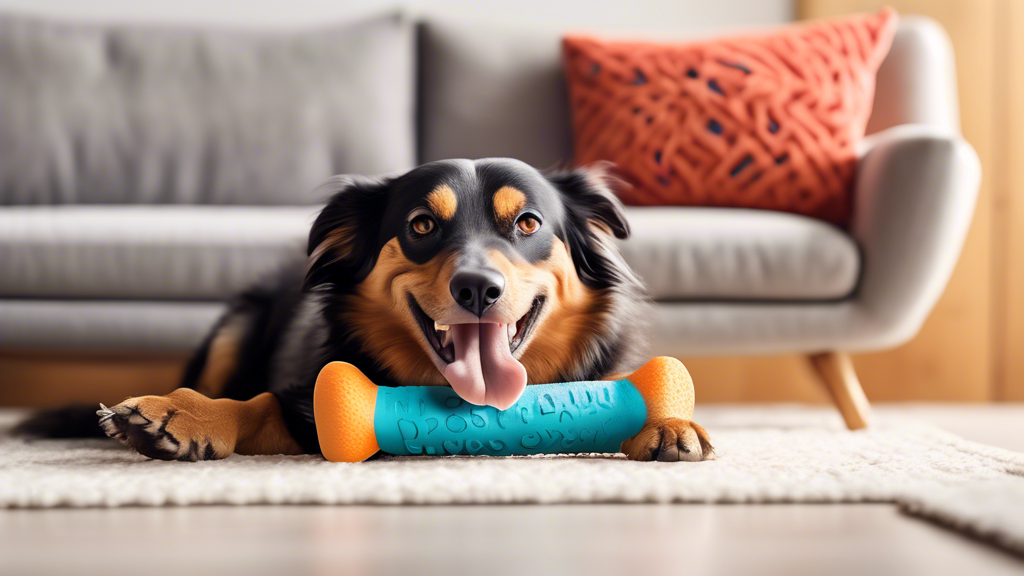 Create a high-resolution image of a happy dog chewing on a sturdy, ergonomically designed chew toy labeled 'Barkbone.' The toy should have a bone-like shape but with a modern twist, featuring a textur