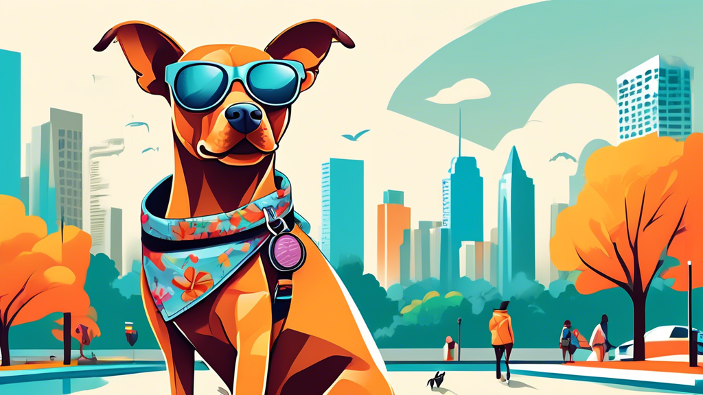 Create an image of a stylish dog in a modern city park, showcasing trendy and cool dog accessories. The dog is wearing a fashionable collar with a matching leash, trendy doggy sunglasses, a designer b