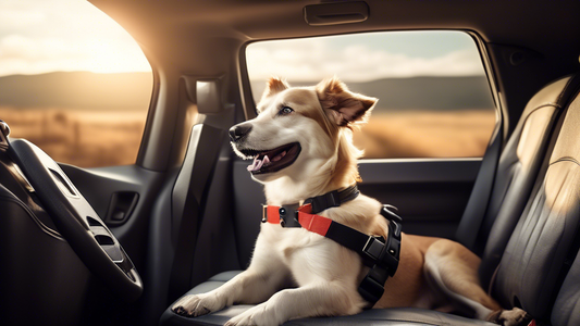A heartwarming scene of a happy dog safely secured with a comfortable and well-designed seat belt in the back seat of a car. The car is ready for travel, with luggage neatly packed and a scenic road d
