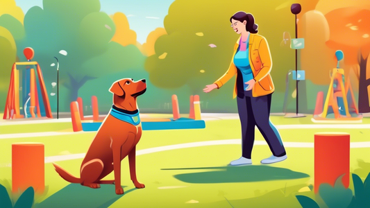 A professional dog trainer gently teaching a Labrador retriever service dog basic commands in a peaceful park setting, with the dog attentively following instructions, wearing a 'Service Dog in Traini
