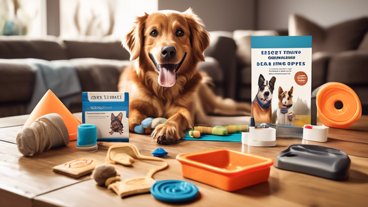 Create an image showing a selection of essential dog training supplies arranged neatly on a wooden table. Items include treats, a clicker, a leash, a collar, a training manual, and a set of agility co