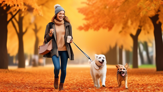 Create an image of a happy person walking outside in a scenic park during autumn, using a stylish, hands-free crossbody dog leash. The person has both hands free, one of which is holding a cup of coff