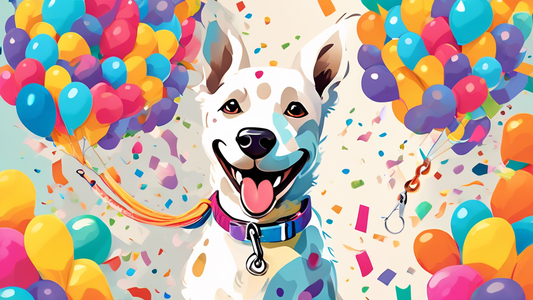Create an image of a happy dog on a walk with its owner, holding a bright and colorful, durable dog leash that is clearly unaffected by chewing. Add a banner in the background that says 'Say Goodbye t