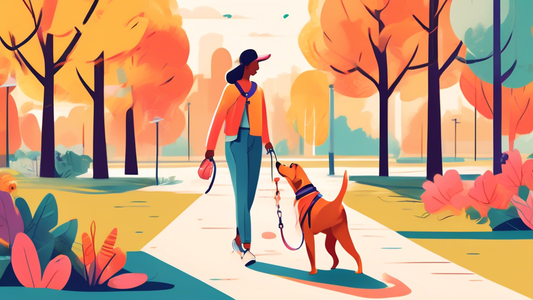 A friendly dog walking with its owner in a picturesque park, showcasing different types of dog leashes such as retractable, leather, and harness-style. Include various dog breeds to highlight versatil