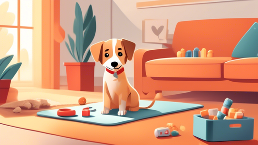 Create an illustration of a cheerful puppy in a cozy, well-lit living room. The puppy is sitting on a training mat, looking happy and attentive. Nearby, an owner is holding a clicker and some treats, 