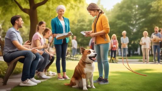 A detailed and vibrant scene showing a well-behaved dog under the guidance of a professional dog trainer in a picturesque neighborhood park. The trainer, equipped with a training clicker and treats, i