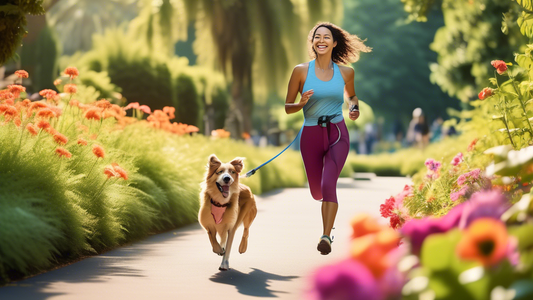 A cheerful woman jogging through a scenic park with a hands-free leash securely fastened around her waist, with her energetic dog trotting happily by her side. The leash is stylish and adjustable, and
