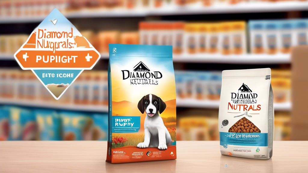 Create an image showing a happy, healthy puppy next to a bag of Diamond Naturals Puppy Food. In the background, display a cozy pet store with shelves stocked with pet supplies and a sign that reads Fi