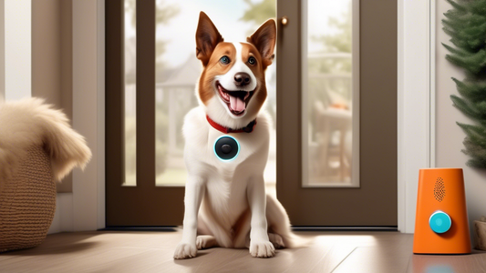 Generate an image of a happy dog using a specialized doorbell designed for pets, with a cozy home background. In the scene, show the dog's owner smiling and giving a thumbs-up. Include elements like a