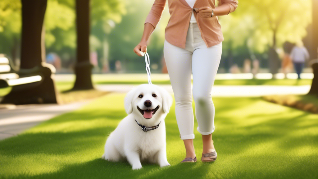 Create an image of a happy dog owner in a park, holding a stylish white dog leash. The leash is attached to a joyful, well-groomed white dog. Surround them with a beautiful, sunny park setting with vi