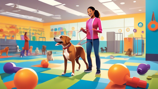 Create an image of a professional dog trainer and a happy dog in a well-lit PetSmart training area. The trainer is guiding the dog through a series of obedience exercises, with training equipment, toy