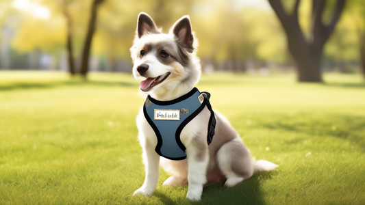 Create an image of a happy dog wearing a stylish, personalized no-pull harness with its name embroidered on it. The harness should feature a comfortable and secure design, showing adjustable straps an