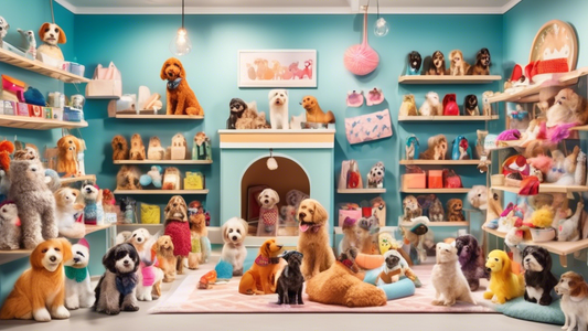Create a heartwarming scene featuring a variety of adorable accessories and items for dogs. Picture a cheerful pet boutique with shelves full of colorful dog collars, playful toys, cozy bed cushions, 