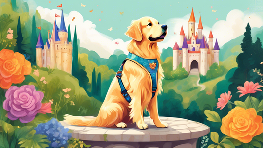 An adorable golden retriever proudly wearing a stylish and comfortable harness adorned with a regal crest, set in a whimsical, fairy-tale-inspired kingdom with colorful castles and lush greenery in th