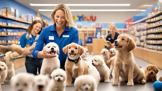Create an image of a PetSmart store interior where a trainer is teaching a class of adorable puppies various commands. The puppies are of various breeds and are enthusiastically learning. The trainer 