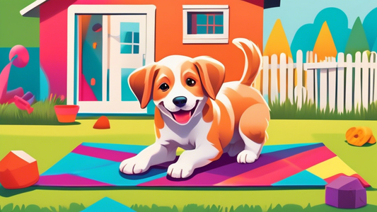 An image of a playful puppy on a colorful lawn next to a small, vibrant training mat, chew toys, and a smiling owner holding a treat. The background features a cheerful and tidy backyard complete with