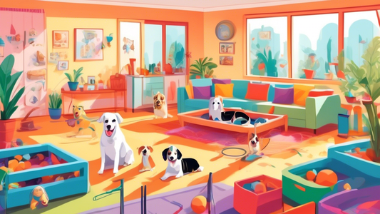 A brightly lit living room with a variety of dog pens on display. Each pen is suited for different dog breeds, with comfortable bedding, toys, and feeding bowls inside. There are dogs of various breed