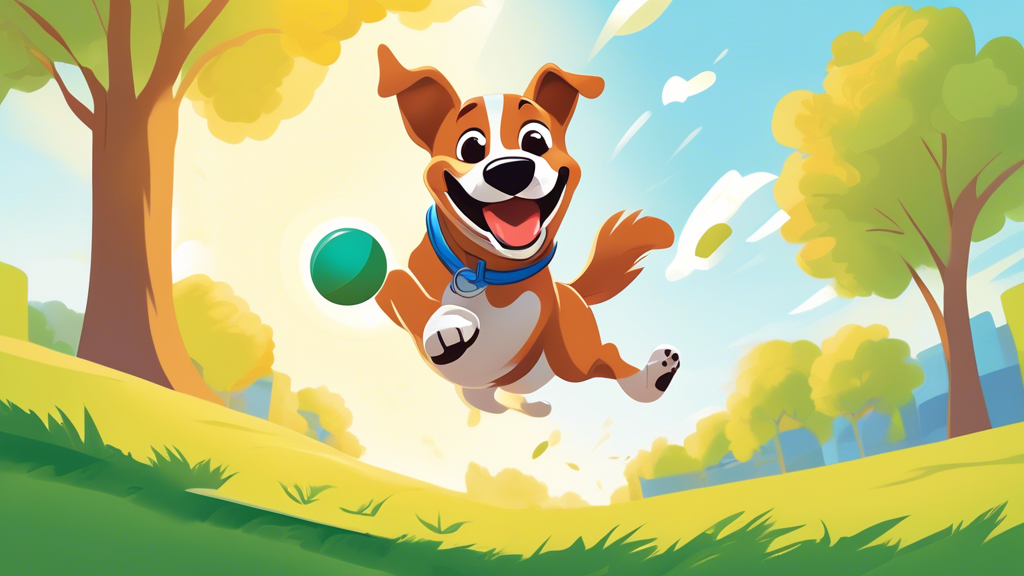Create an illustration of a happy dog playing with a Chuckit Medium Ball in a sunlit park. The dog is mid-air, leaping to catch the ball, with green grass and blue skies in the background. Show the Ch