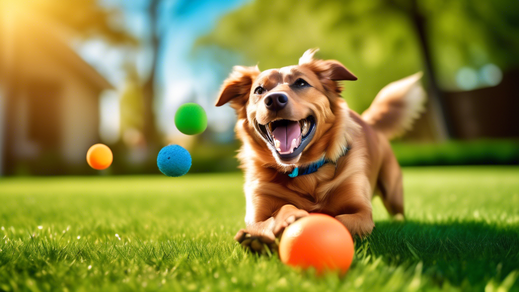 Create an image of a happy, active dog playing in a vibrant outdoor setting with a variety of colorful, durable, ballistic-resistant dog toys. The toys should include balls, chew toys, and tug ropes, 