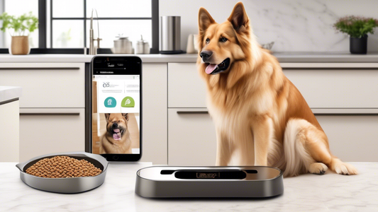 Create a high-quality image of a modern kitchen with a sleek, automatic dog feeder designed for large breeds. Include a happy, well-groomed large dog—such as a German Shepherd or Golden Retriever—next