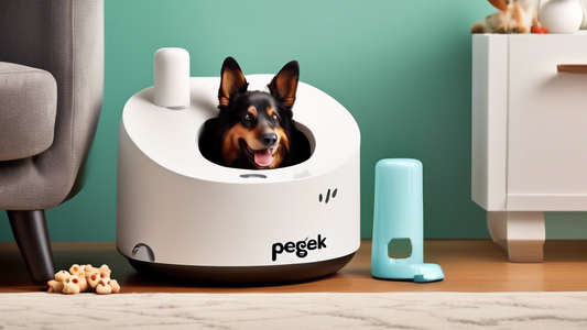 Create an image of a sleek, modern pet treat dispenser device labeled PetGeek in a cozy living room setting. The device is dispensing a treat to an excited, happy dog wagging its tail. The scene shoul