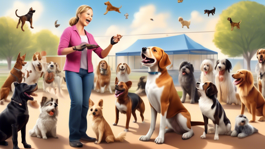 Photorealistic image of a cheerful dog trainer in action, surrounded by various dog breeds. The trainer uses positive reinforcement, showing treats, clickers, and toys. The background includes a dog t