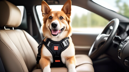 Create an image showing a happy dog safely secured in a car seat with a high-quality dog car harness seat belt. The car interior should be clean and well-lit, with the dog comfortably sitting and look