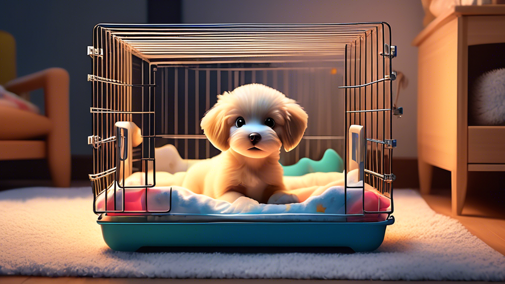 A cozy indoor scene showing a cheerful puppy inside a well-ventilated dog crate with a transparent divider. The crate is equipped with comfortable bedding on one side and a puppy potty pad on the othe