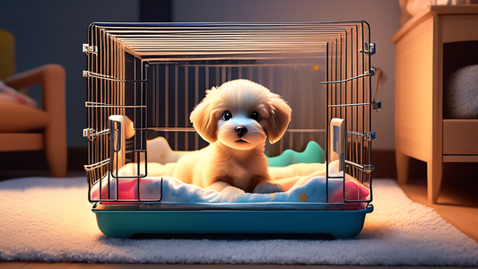 A cozy indoor scene showing a cheerful puppy inside a well-ventilated dog crate with a transparent divider. The crate is equipped with comfortable bedding on one side and a puppy potty pad on the othe