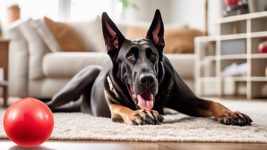 A detailed image of a happy large dog (such as a Great Dane or a German Shepherd) energetically playing with a Kong Wobbler XL toy in a spacious, well-lit living room. The dog is using its paws and sn