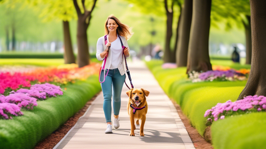 Create a vibrant and modern image of a dog owner and their dog walking in a beautiful park, using a stylish and comfortable Zee Dog leash. The leash should feature a unique design with bright, eye-cat