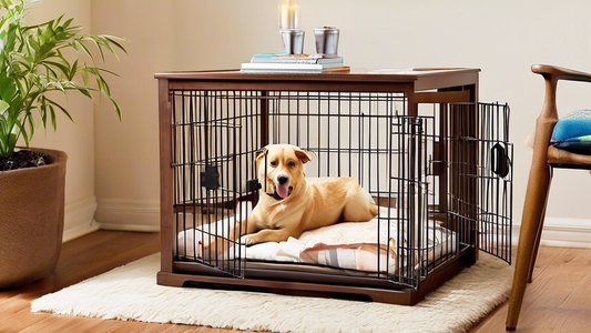 Create an image of a cozy wooden dog crate in a beautifully decorated living room. Inside the crate, there is a happy, relaxed dog resting on a soft cushion. Around the crate, showcase features like g