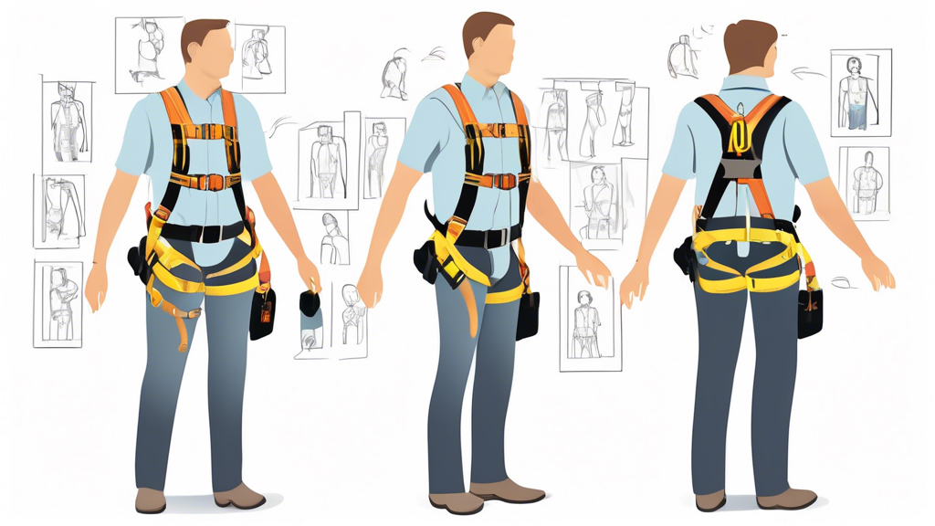 Create a detailed and instructional illustration showing a person demonstrating how to properly wear and adjust an Atlas harness. The scene should include step-by-step labeled sections on fitting the 