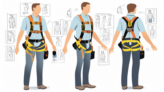 Create a detailed and instructional illustration showing a person demonstrating how to properly wear and adjust an Atlas harness. The scene should include step-by-step labeled sections on fitting the 