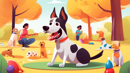 Create an image of a playful dog sitting attentively in a sunny park. Surround the dog with vibrant training props like a clicker, treats, and a training mat. The dog trainer is smiling, holding up a 