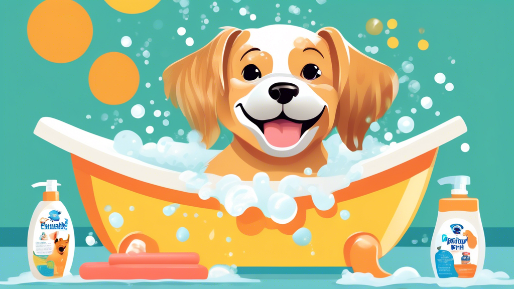 Create an image featuring a cheerful dog enjoying a bubbly bath with PetSmart Dog Shampoo in a bright and cozy bathroom. Include a PetSmart-branded shampoo bottle prominently in the scene. Illustrate 