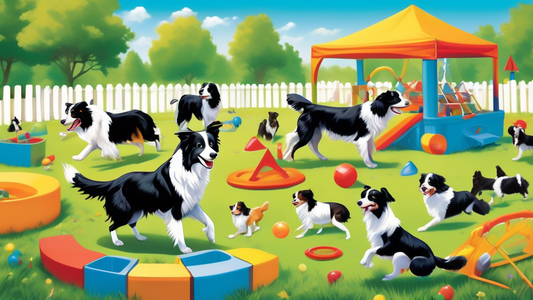 A colorful, well-lit scene in a spacious backyard featuring Border Collies actively engaging with various top-rated toys, including puzzle feeders, agility training equipment like tunnels and jumps, i
