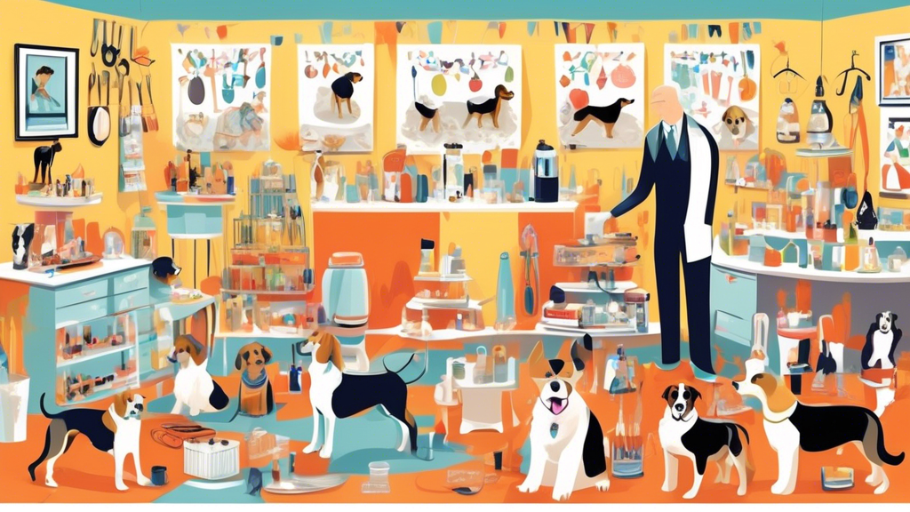 Create an image of a bustling dog show preparation area filled with essential supplies such as grooming tables, brushes, combs, dog treats, water bowls, stylish dog outfits, ribbons, and trophies. Inc
