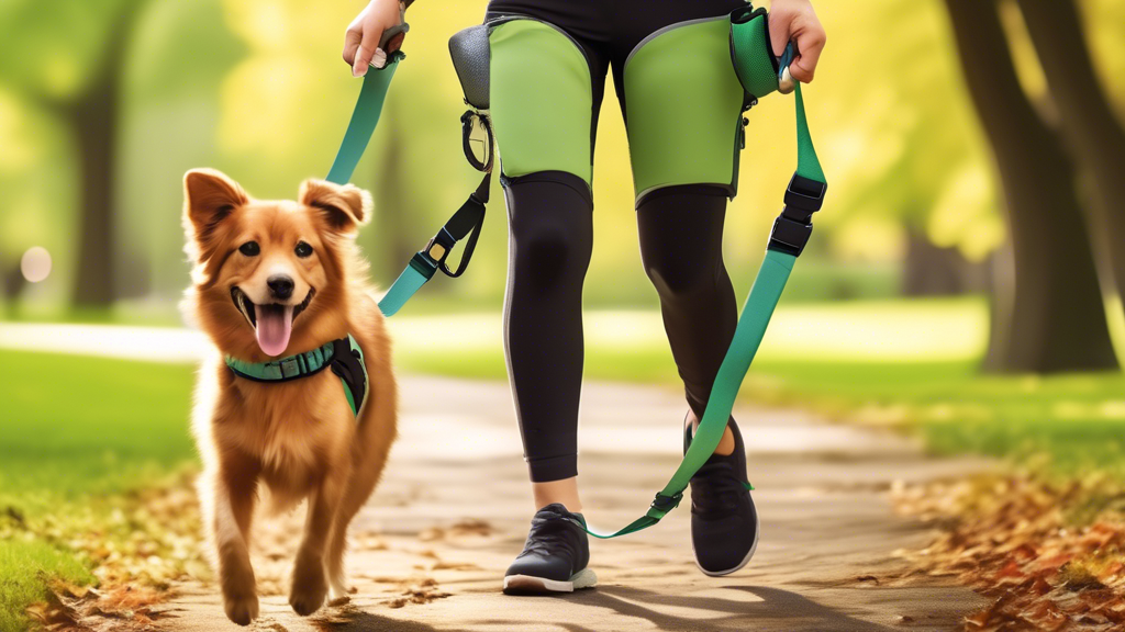 Create a detailed image depicting a joyful person walking through a scenic park, hands-free, thanks to a dog walking belt around their waist. The belt should securely hold a leash attached to a happy,