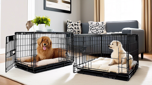 Create an image of a variety of well-designed collapsible dog crates in a cozy, modern living room setting. Show the crates in different stages of being folded and unfolded, highlighting their portabi