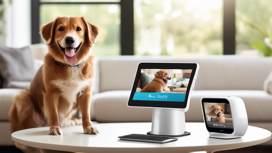 Create an image of a well-behaved dog sitting attentively next to a sleek, modern device labeled BarxBuddy. The background features a tidy living room with cozy furniture and a glimpse of a sunny back
