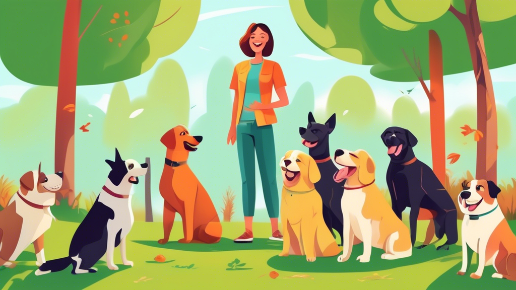 A friendly dog trainer in a local park, surrounded by happy dogs of various breeds, demonstrating training techniques. The atmosphere is cheerful with trees and grass in the background, providing a re