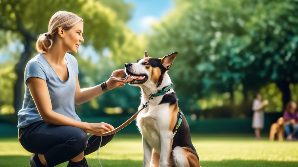 Create an image of a professional dog trainer in a beautiful park, guiding a well-behaved dog on a lead. The dog is calmly sitting and attentively looking at the trainer, who is holding the lead with 