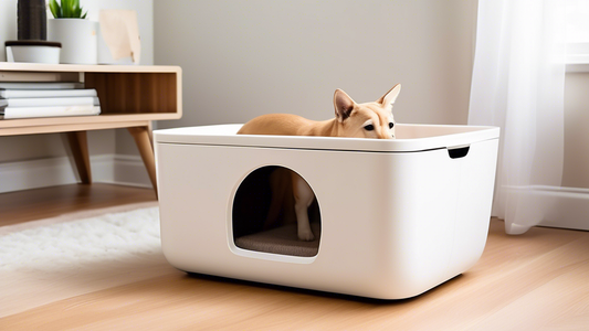 Create an image of a sleek and modern dog-proof litter box in a cozy home setting. The litter box should have innovative design features such as a secured lid, a small entrance suitable only for cats,