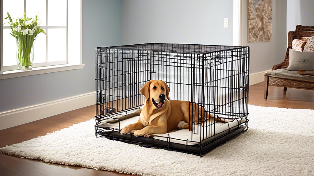 Create an image of a large, spacious, and comfortable XXL dog crate displayed at a PetSmart store. The crate should be robust and inviting, with a cushioned bed inside, a chew toy, and features like v