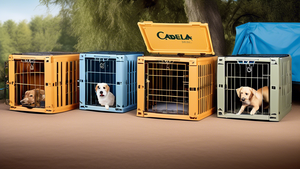 Create a detailed image of several different Cabela's dog crates arranged in an outdoor setting, with various dog breeds interacting with the crates. Display features like durability and size differen